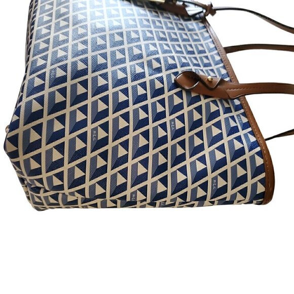 Lauren, Ralph Lauren Blue & White Tote, Geometric Pattern Tote Bag - Picture 5 of 8